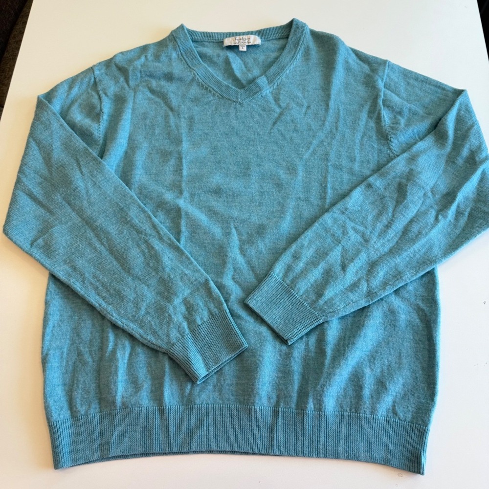 Turnbury Mens Extra Fine Merino Wool VNeck Sweater Teal Blue Heather Sz L Casual